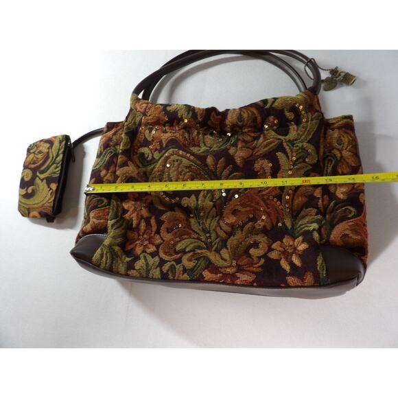 Paradox Tapestry Purse Shoulder Bag Brown Floral Sequins Woven Double Handle - Picture 7 of 16